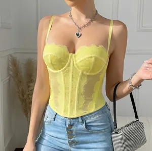 Yellow corset top with lace trim, sheer mesh bustier, sexy spaghetti strap camisole.