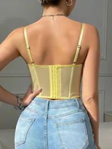 Sexy sheer mesh corset top with boning detail, elegant yellow camisole for women.