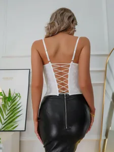 Women lace up back corset top sexy strapless bustier camisole with black leather skirt detail