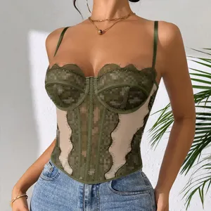 Detail shot of army green lace corset top featuring sheer mesh and boning structure.