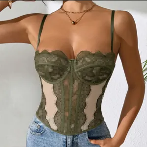 Sexy olive green lace corset camisole with sheer mesh details and slim fit design.