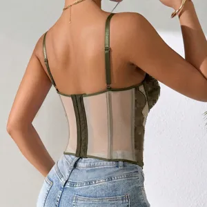 Green mesh boned corset top detail showcasing back design, adjustable straps and lace trim.