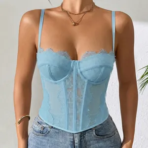 Light blue lace boned corset camisole women sheer mesh crop top sexy summer vest