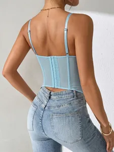 Light blue mesh corset top for women with back hook and slim fit everyday design.