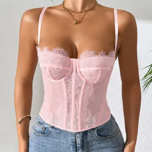 Sexy pink lace corset top for women, sheer boned bustier with adjustable spaghetti straps.