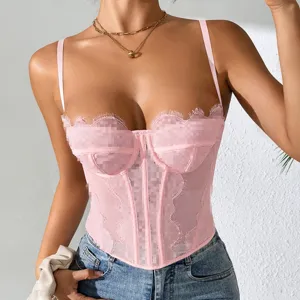 Pink lace bustier corset top with delicate sheer mesh and supportive boning for women.