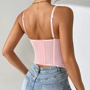 Pink mesh corset top for women backless spaghetti strap back hook closure casual chic top