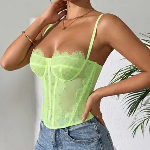 Neon green lace corset camisole, sheer boned cami top, sexy slim fit vest detail view.