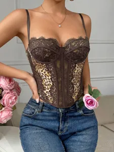 Leopard print lace corset top with boning and delicate straps for a stylish and sexy look.