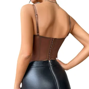 Brown strappy corset top, slim fit backless bustier for women, stylish streetwear style.