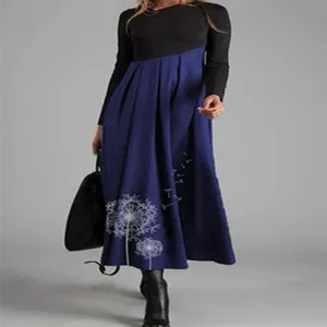 Women's Color Block Print V-Neck Long Sleeve Woolen Spliced Maxi Dress Casual Elegant Autumn Winter Swing Dress