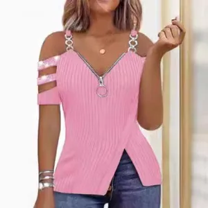 Maglietta in Maglia Casual con Scollo a V e Spalla Scoperta da Donna Zip Metallica Strass Costine Manica Corta Top