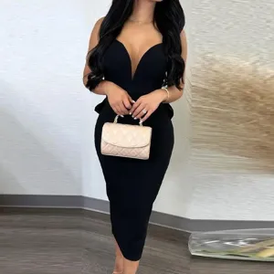 Robe Midi Élégante Unie pour Femmes Sexy Dos Nu Col en V Taille Haute Nœud fente Élastique Robe de Soirée