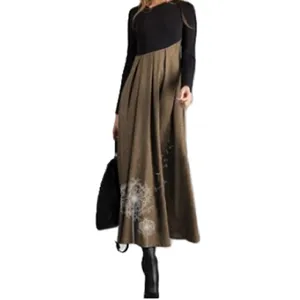 Women Color Block Long Sleeve V-Neck Woolen Spliced Pleated Maxi Dress Autumn Winter