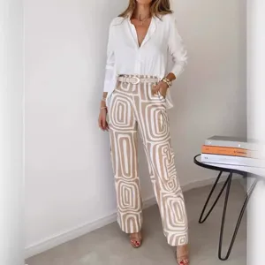 Women Casual Long Sleeve Turn Down Collar Shirt And Geometric Printed Wide Leg Pants Top And Bottom Chic Streetwear