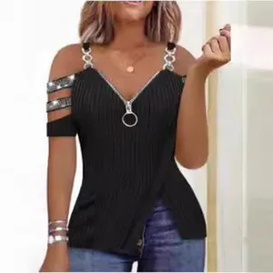 Donna canotta a coste spalla fredda collo a V strass zip metallica top estivo nero