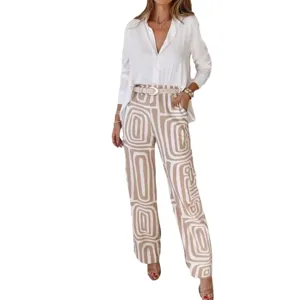 Women Summer Casual Long Sleeve Lapel Shirt and Printed Wide Leg Pants Set Main View