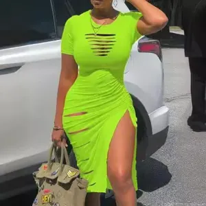 Neon green crew neck short sleeve cutout slit ruched midi dress for women fashion clothing