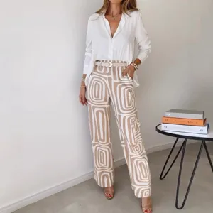 Women casual long sleeve lapel shirt and geometric print wide leg pants trouser set summer