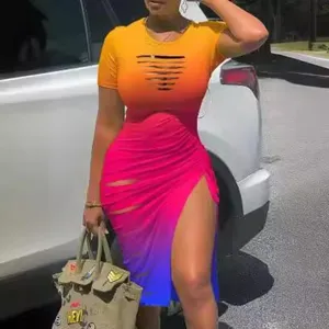 Women gradient color short sleeve cut out ruched slit midi dress sexy party clubwear