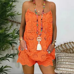 Ensemble caraco et short sans manches en broderie anglaise orange pour femme, tenue d'été.
