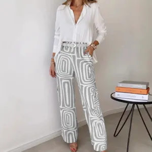 2024 Summer women's casual long sleeve lapel shirt and abstract printed wide leg pants set