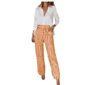 Women long sleeve shirt and printed wide leg pants set summer casual two piece outfit
