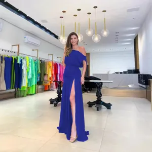 Sexy off shoulder solid color maxi dress with high slit, elegant party vacation wear for women.