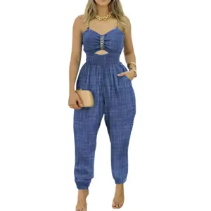 Tuta elegante donna stile denim blu con bretelle a catena e scollo all'americana casual
