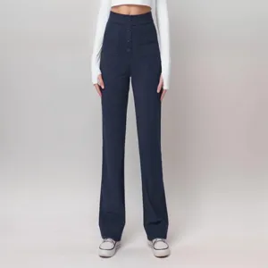 2025 womens high waist casual straight trousers spring summer button pockets pants