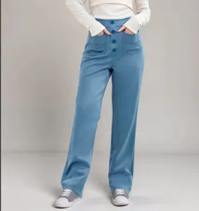 High waist casual blue straight leg trousers with multiple pockets and buttons for women daily.