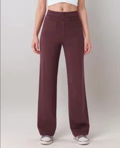 High-waist straight leg casual trousers with front buttons and multiple pockets for women.