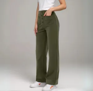 High-waisted olive green wide leg pants with front buttons and multiple utility pockets.