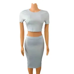 Light blue short sleeve crop top and pencil skirt two-piece set, sexy slim fit outfit.