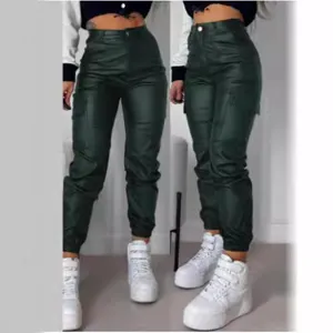 Women Casual Polyester Cargo Pants High Waist Motorcycle Jogger Pants With Pockets Ruffle Slim Fit Streetwear Fashion Trousers