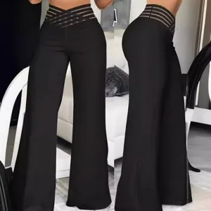 Women high waist wide leg trousers black casual loose pants with mesh cutout waist detail