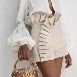 Women's High Waist Pleated Ruffle Shorts Fashion Solid Color Polyester Shorts With Zipper For Summer Casual Vacation Wear