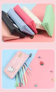 Korean style minimalist PU pencil case, large capacity triangular stationery bag for students.