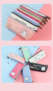 Details of cute PU leather pencil case with cat cartoon print and large capacity design.