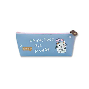 Cute PU leather pencil case, blue large capacity triangle stationery bag with cat cartoon.