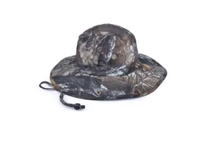 Camouflage sun hat detail with wide brim and adjustable drawcord for outdoor fishing.