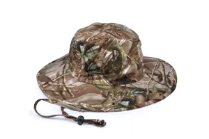 Camouflage boonie hat detail showing wide brim, metal eyelets, and adjustable chin cord.