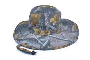 Camouflage outdoor sun hat with wide brim, adjustable chin strap and breathable eyelets for fishing.
