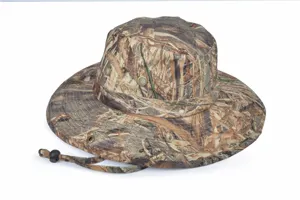 Outdoor camouflage bucket hat with wide brim, breathable metal eyelets and adjustable wind strap.