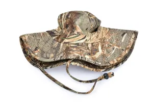 Detailed view of outdoor camo sun hat, featuring adjustable cord and wide brim design.