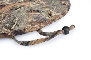 Camouflage sun hat detail showing adjustable drawstring and metal eyelet hardware