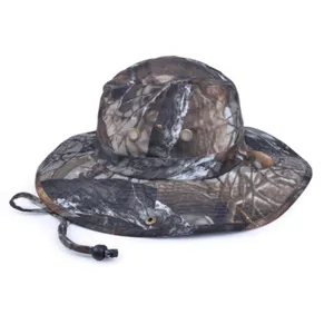 Camouflage bucket hat with wide brim and adjustable drawstring for outdoor fishing and sun protection.