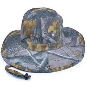 Camouflage bucket hat for outdoor fishing, wide brim sun protection hat with adjustable chin strap.