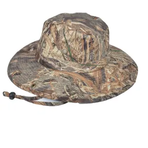 Outdoor camouflage sun hat with wide brim, breathable metal eyelets and adjustable wind rope.