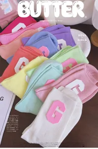 Macaron color leather patch letter G mid-tube socks candy sweet style stacked socks